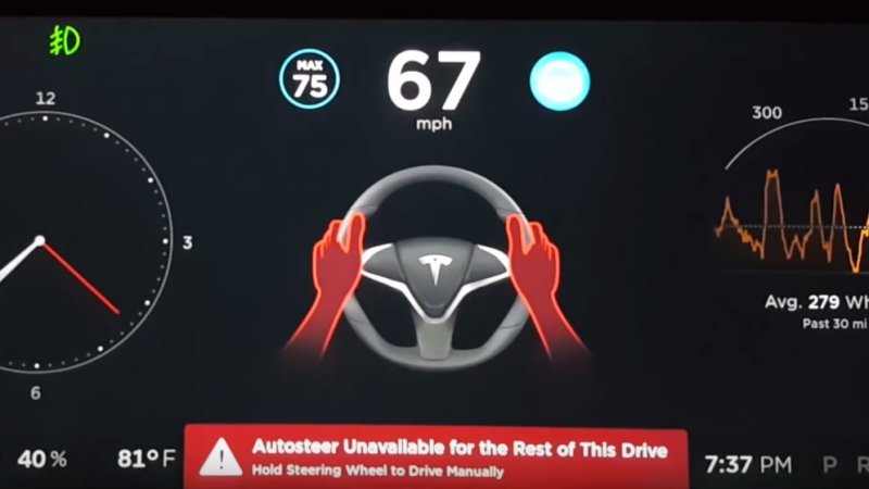 Tesla Autopilot warnings screenshot