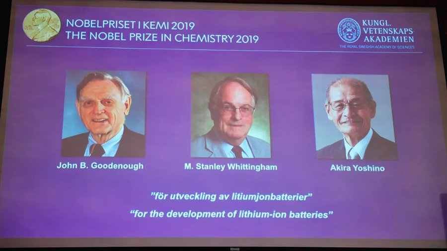 Nobel Prize in chemistry for development of lithium-ion battery