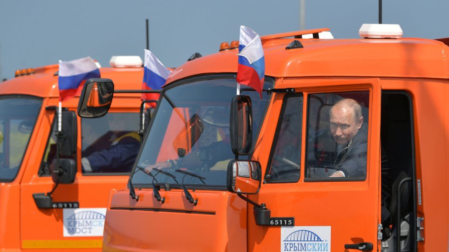 Trucker Putin opens Russian bridge to annexed Crimea